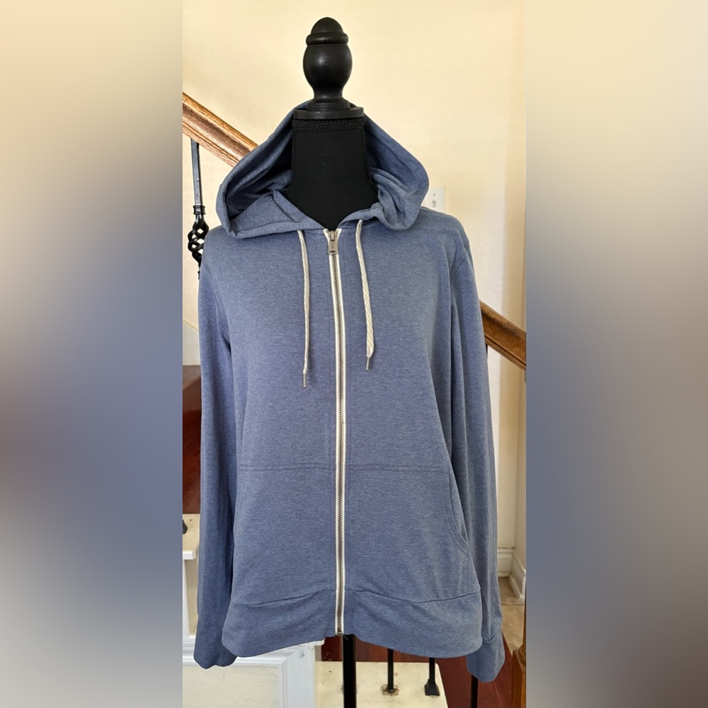 Vuori Heathered Blue Hoodie with Cream Drawstrings